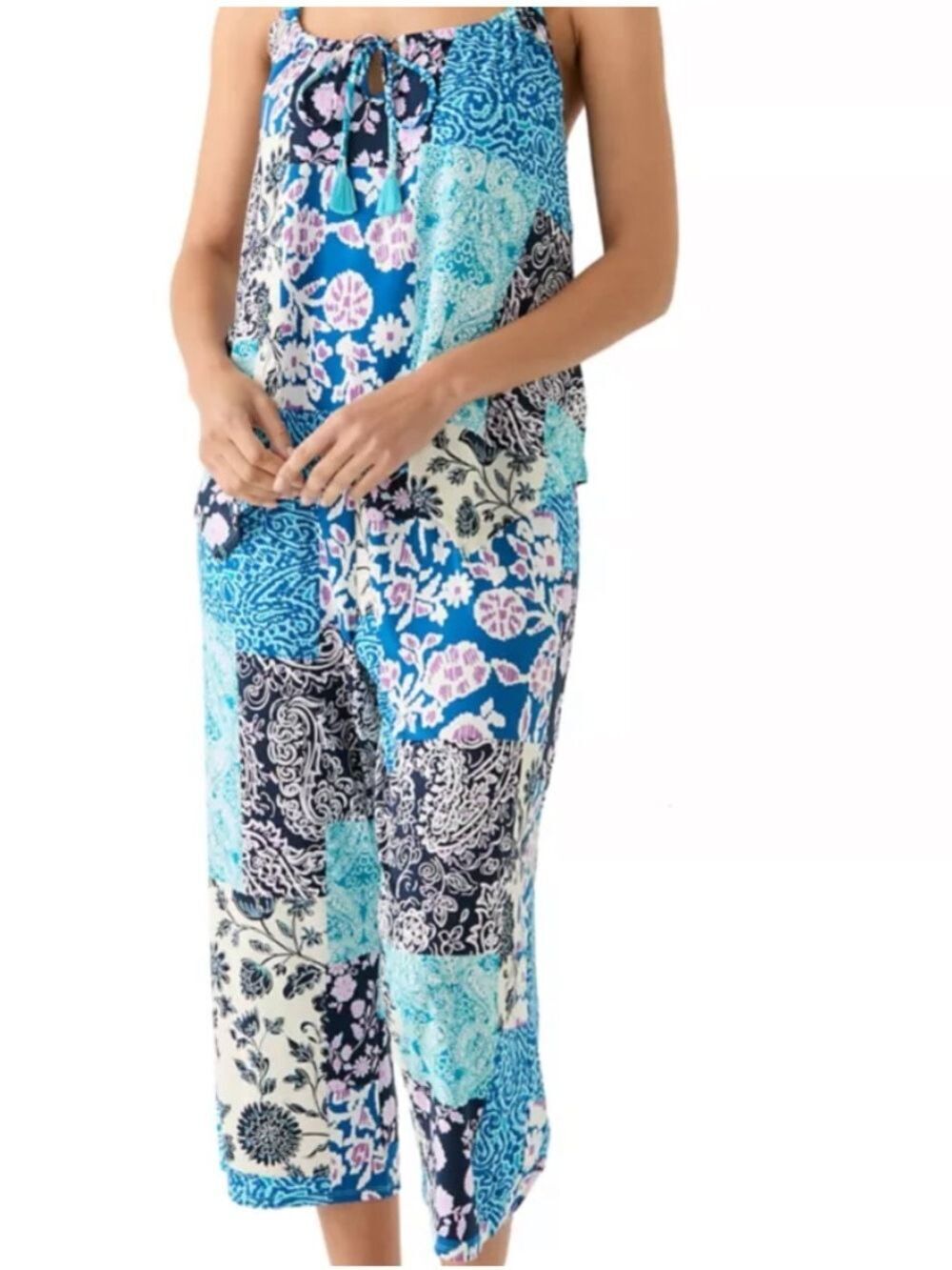 Linea Donatella Sharkbite Printed Cropped Knit Pajama Set New S Patchwork Boho
